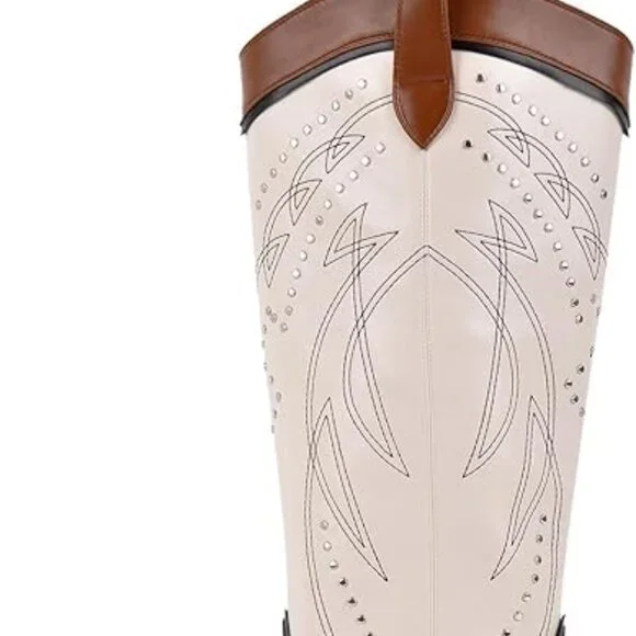 Studded Rivets Knee High Cowboy Boots Pull On Pointed Toe Stacked Embroidered - Picture 5 of 6